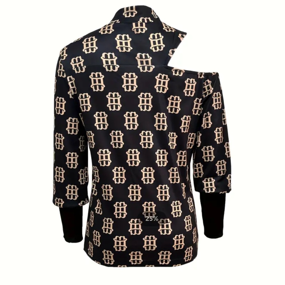425. Allover Print Cut Out Blouse - Sultry and Alluring Flowing Long Sleeves, - Picture 2 of 2